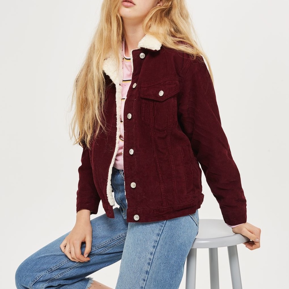 Topshop Burgundy Borg Jacket Fleece Lined